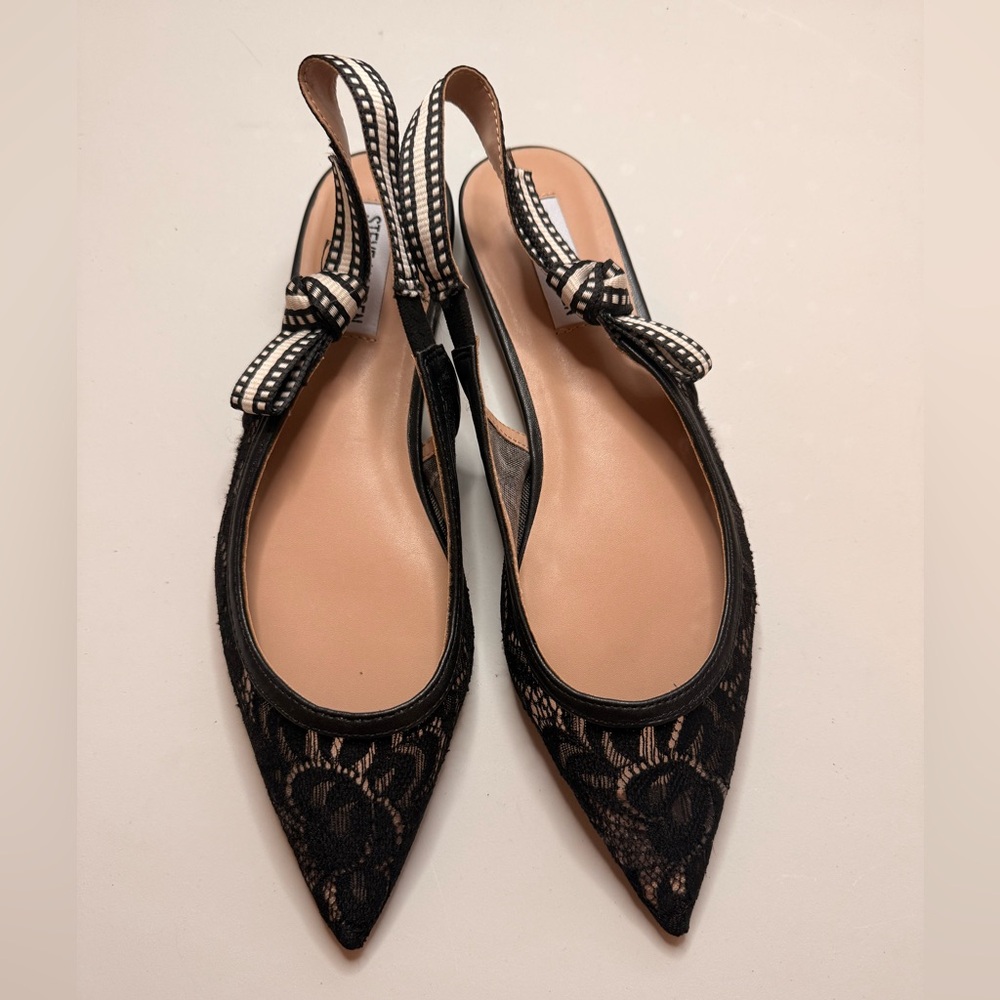 Steve Madden Black Lace Pointed Slingback Mules with White-Trim Straps